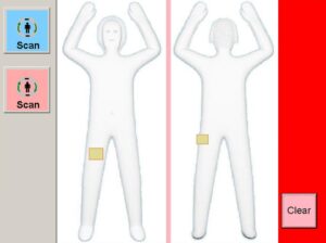 The interface of a full-body scanner, such as those used by the US Transportation Security Administration. A low-resolution crude digital image of a gray-outline human figure. Pink and blue squares in a panel on the left indicate whether the body is to be scanned as an apparent male or female