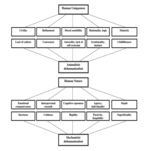 This is a diagram of the human characteristics associated with two different forms of dehumanization that we analyzed when testing for dehumanization in our study. 